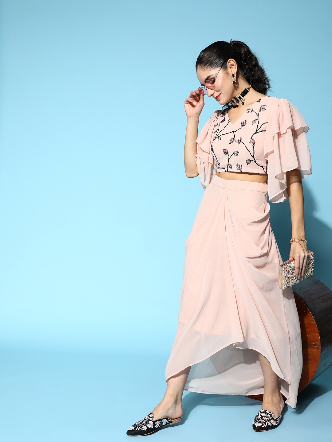 Inddus Women Self Design Top With Skirt, Cream