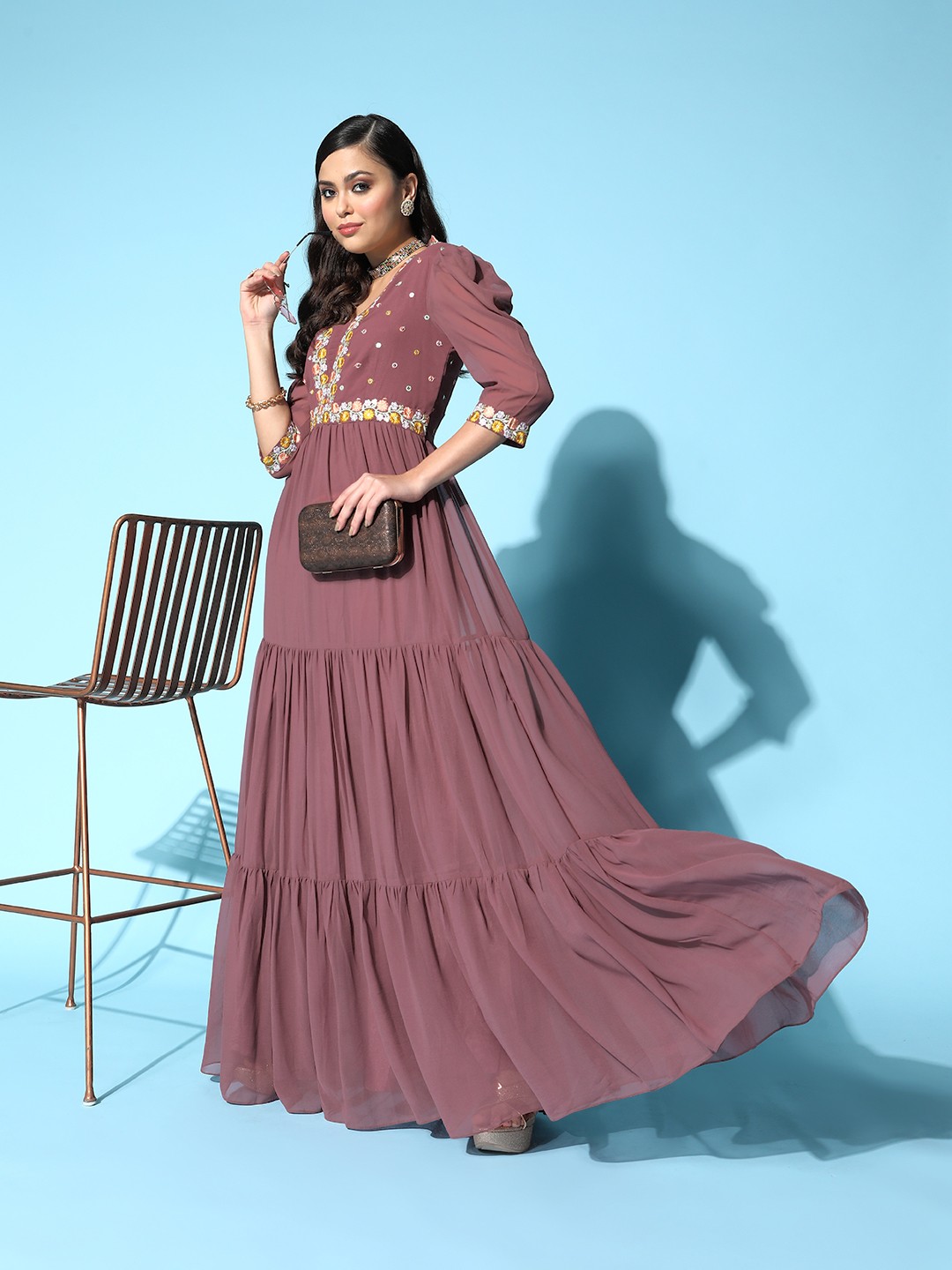 

Inddus Mauve Floral Embroidered Georgette Maxi Dress