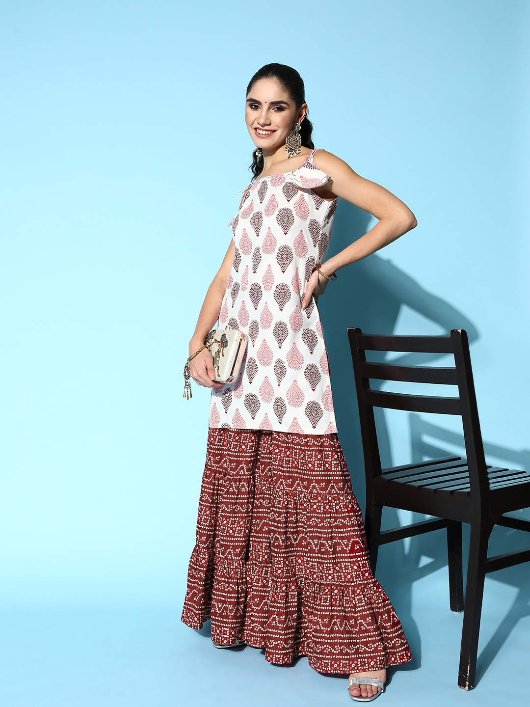 

Inddus Women Ethnic Motifs Printed Pure Cotton Kurti With Sharara, White