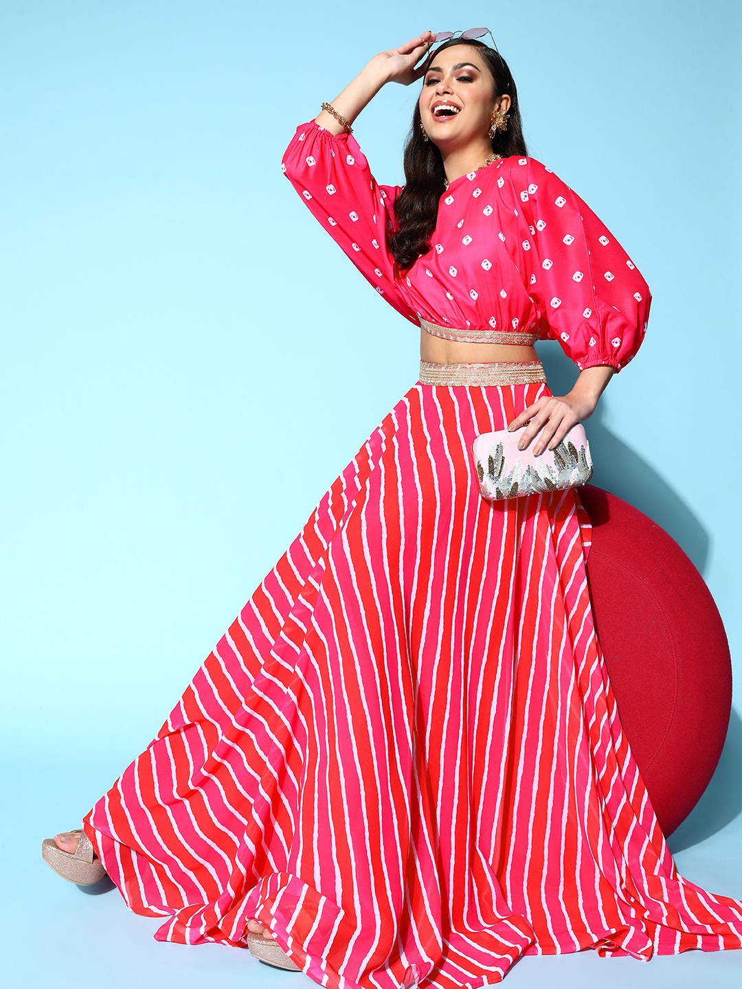 

Inddus Women Printed Ruffles & Flounces Top With Skirt, Pink