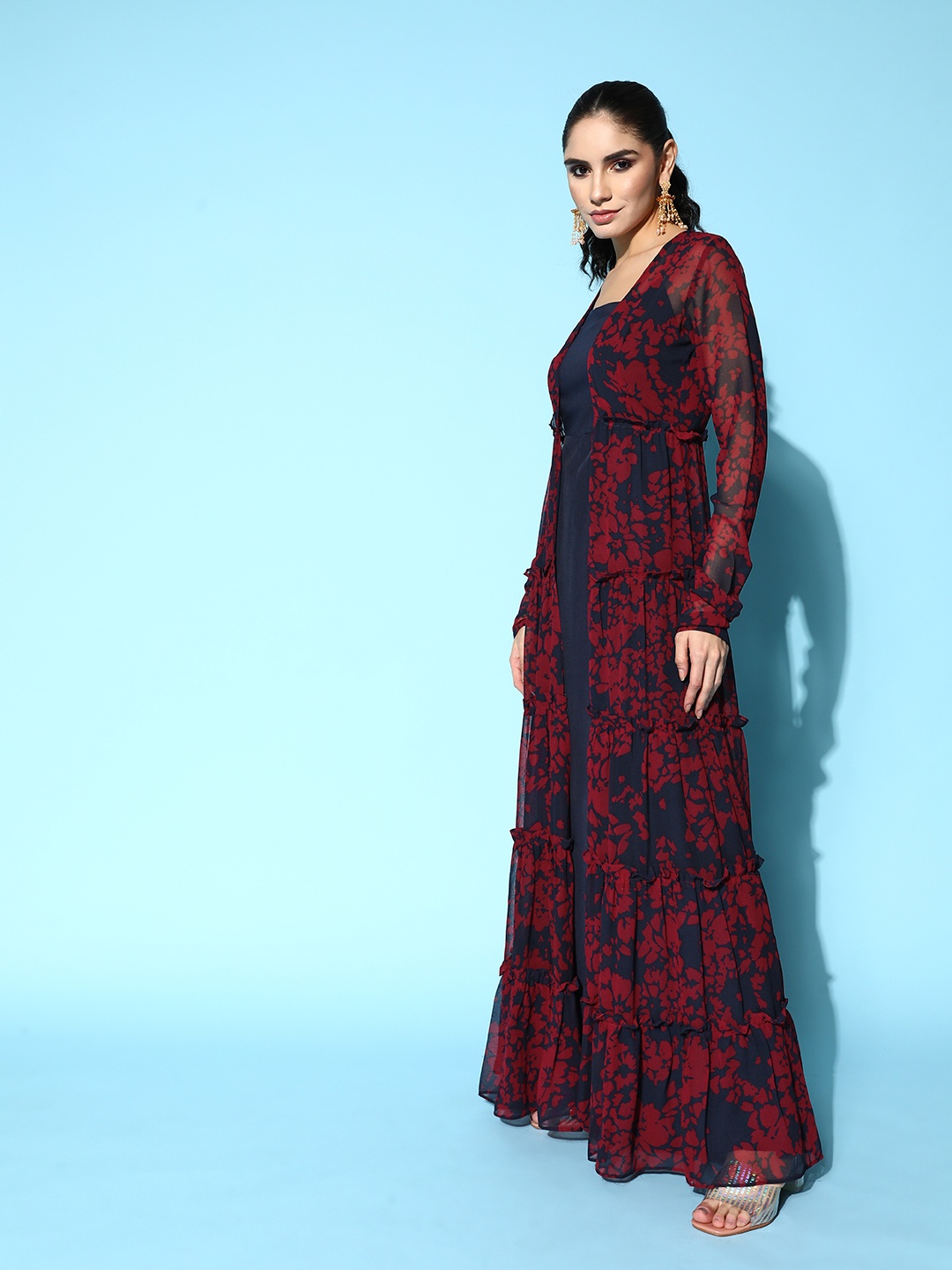

Inddus Navy Blue & Maroon Georgette Maxi Dress With Floral Printed Jacket