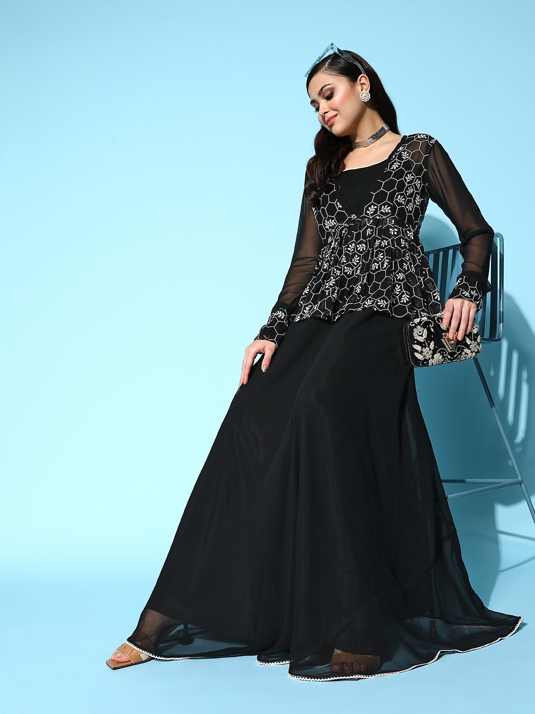 

Inddus Black Georgette Ethnic Gown With Embroidered Jacket