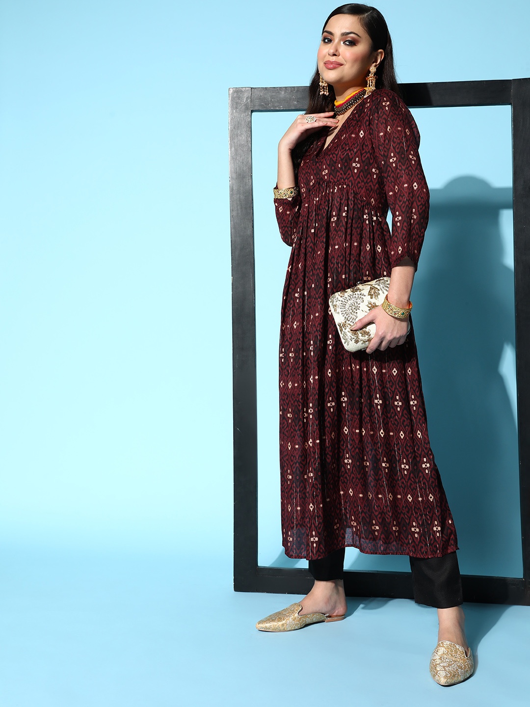 

Inddus Women Maroon Pleated Pure Cotton Kurta with Trousers
