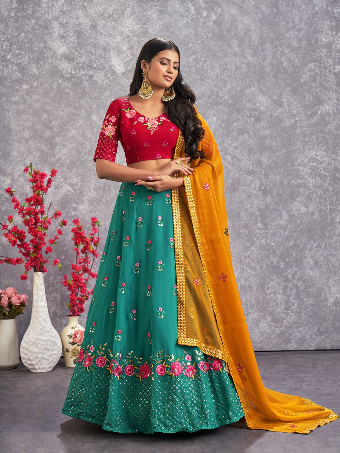 

SHUBHKALA Sequinned Semi-Stitched Lehenga & Unstitched Blouse With Dupatta, Green