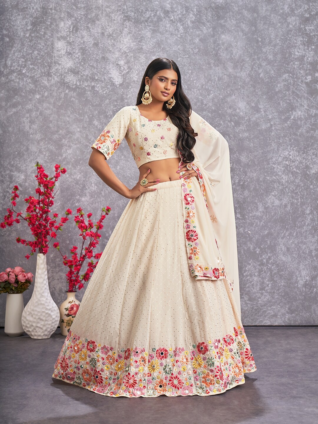 

SHUBHKALA Embroidered Thread Work Semi-Stitched Lehenga & Unstitched Blouse With Dupatta, Beige
