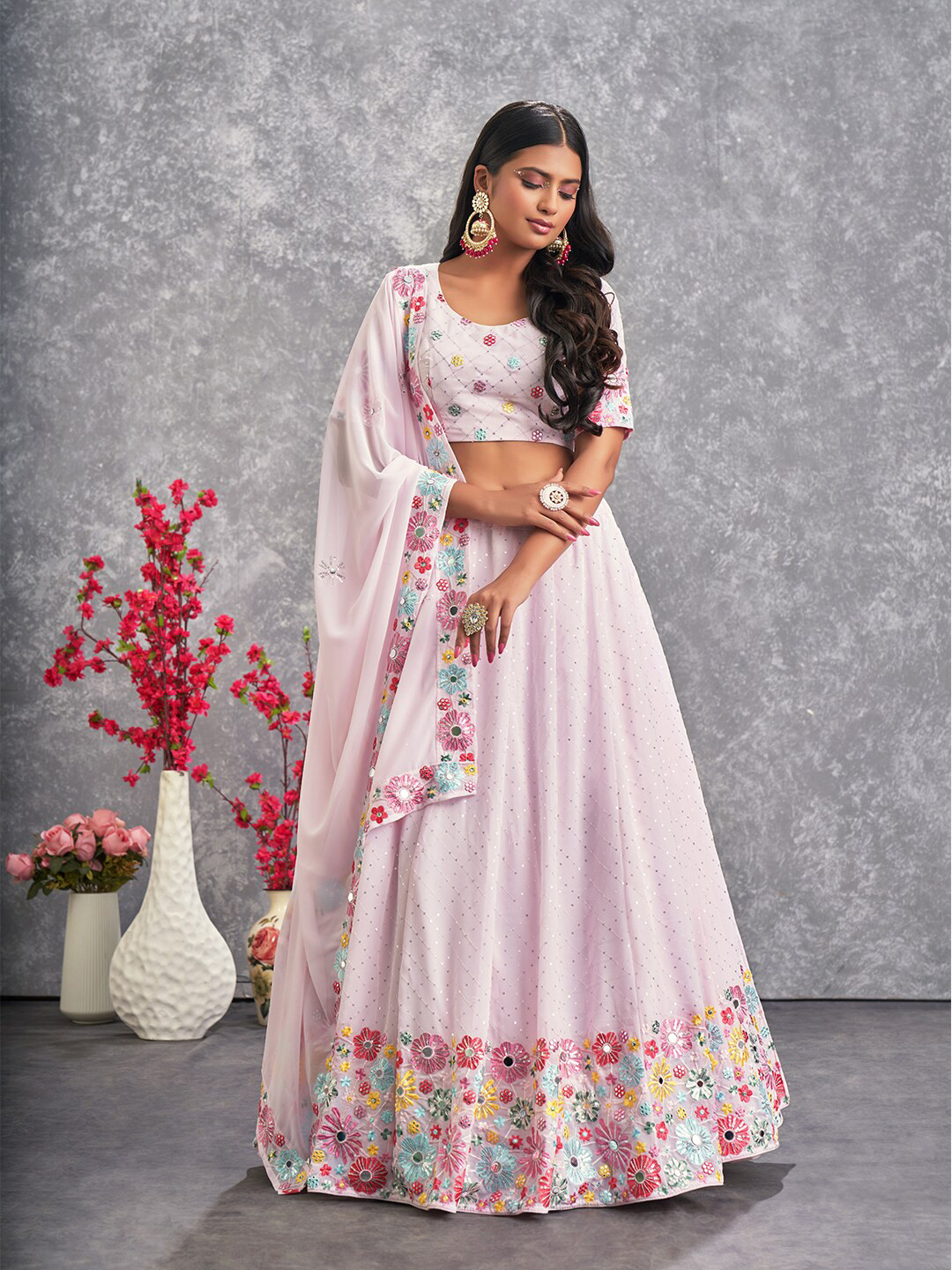 

SHUBHKALA Embroidered Mirror Work Semi-Stitched Lehenga & Unstitched Blouse With Dupatta, Pink
