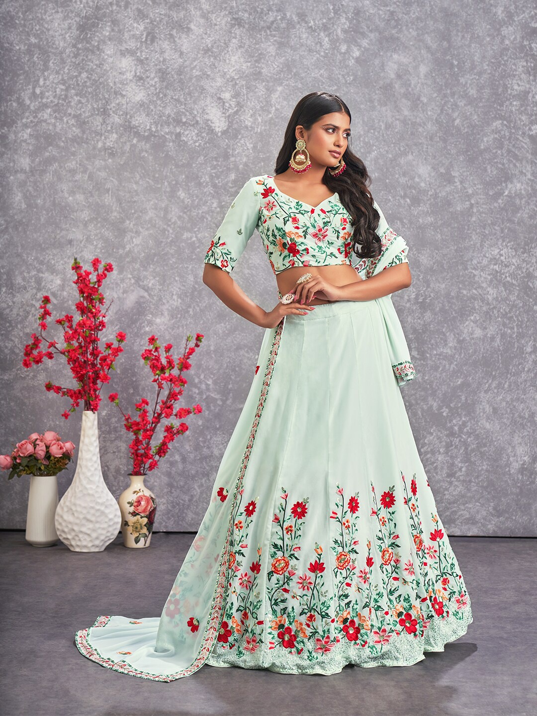 

SHUBHKALA Embroidered Semi-Stitched Lehenga & Unstitched Blouse With Dupatta, Sea green