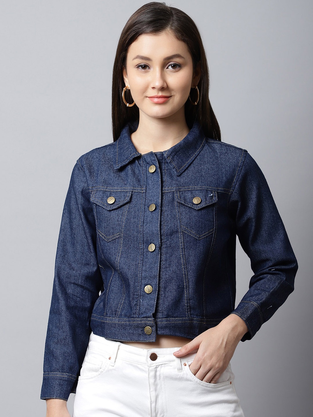 

ELLIS Women Crop Cotton Denim Jacket, Blue