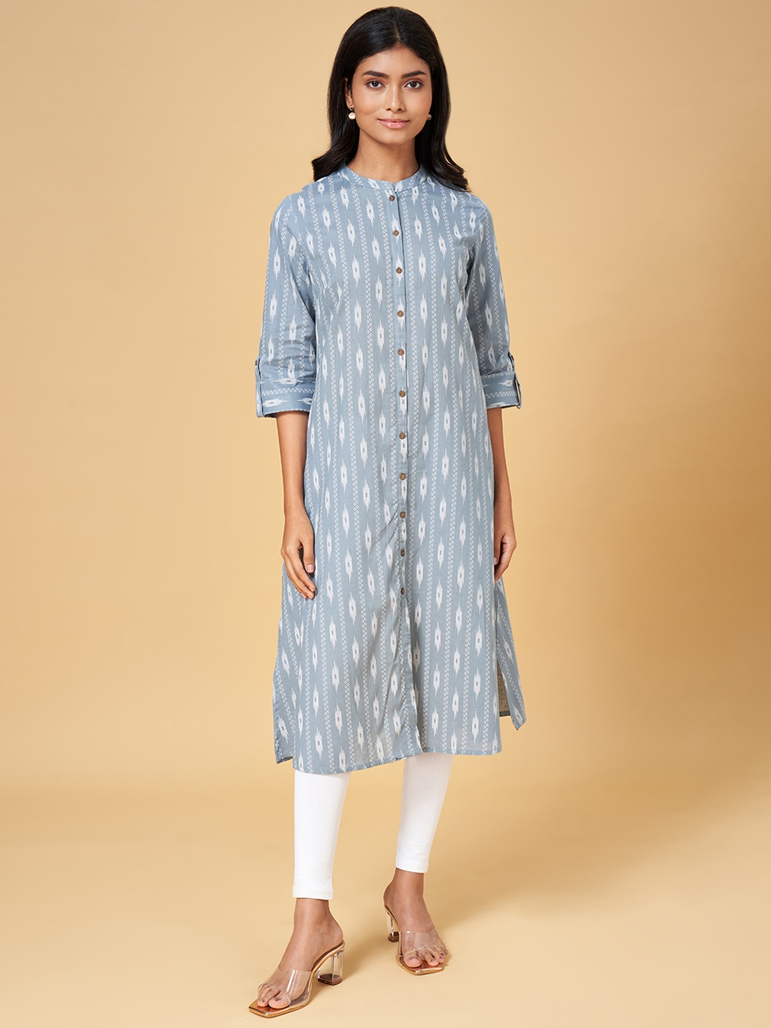 

YU by Pantaloons Mandarin Collar Geometric Printed Cotton Kurta, Blue