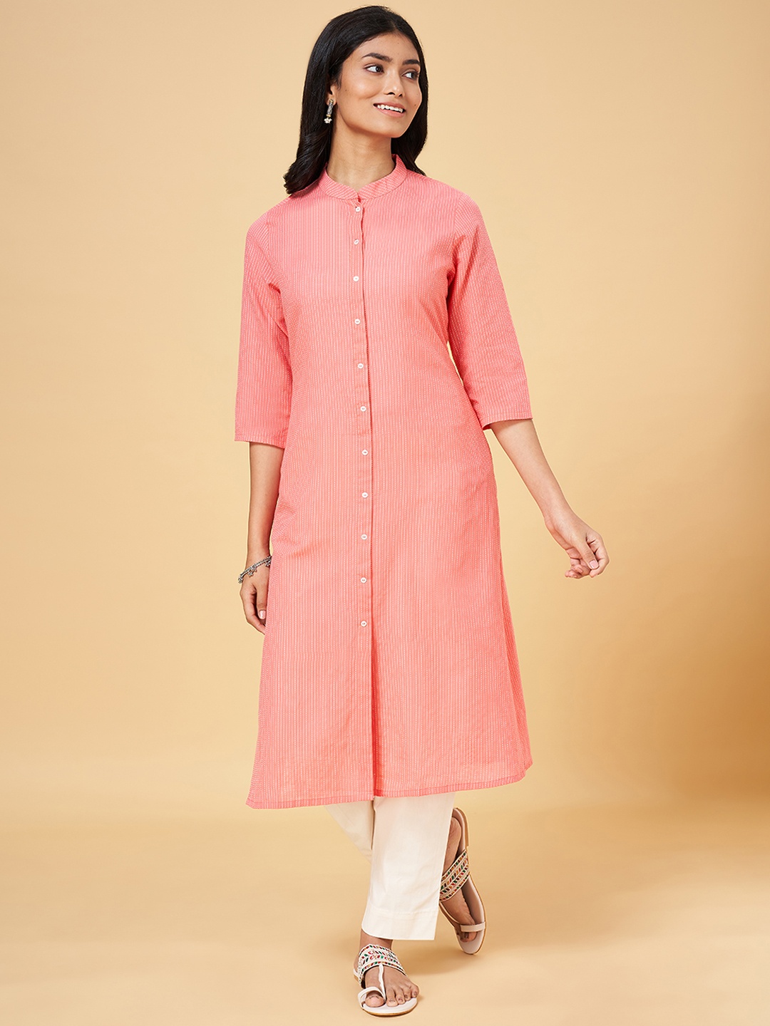 

YU by Pantaloons Striped Thread Work Kurta, Peach