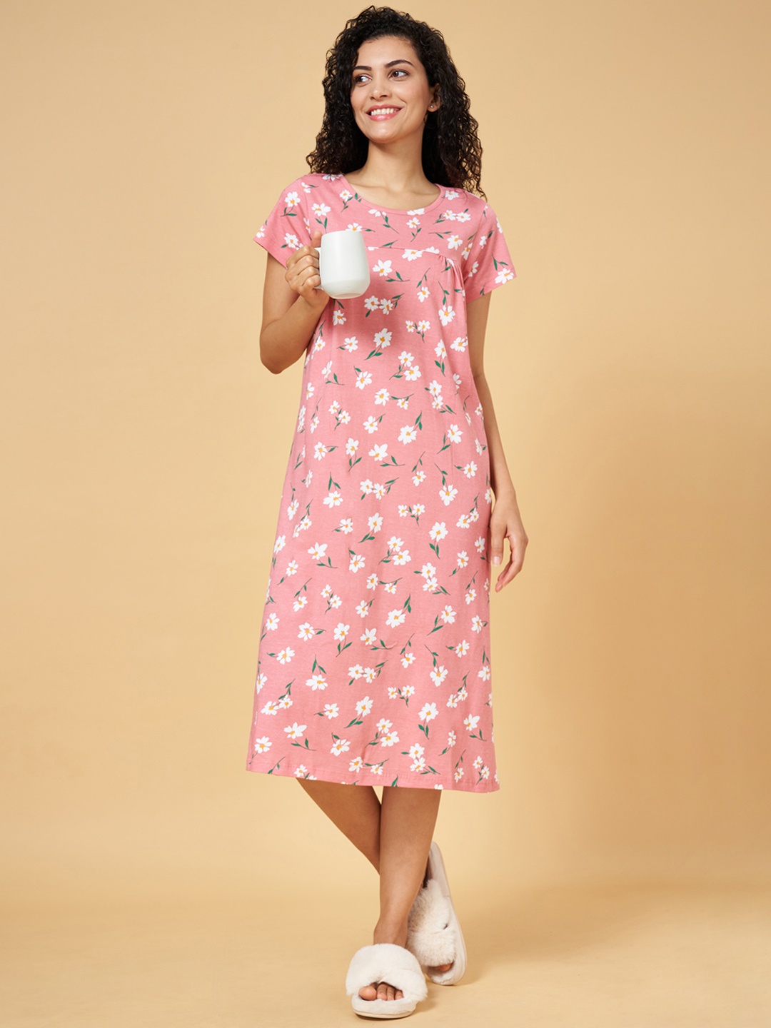 

YU by Pantaloons Printed Pure Cotton Maxi Nightdress, Pink