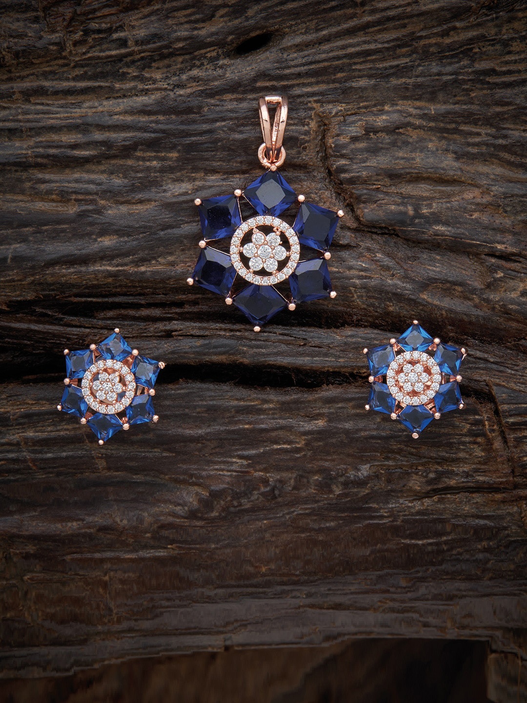 

Kushal's Fashion Jewellery Rose-Gold Plated Royal Blue CZ-Studded Pendent Earring Set