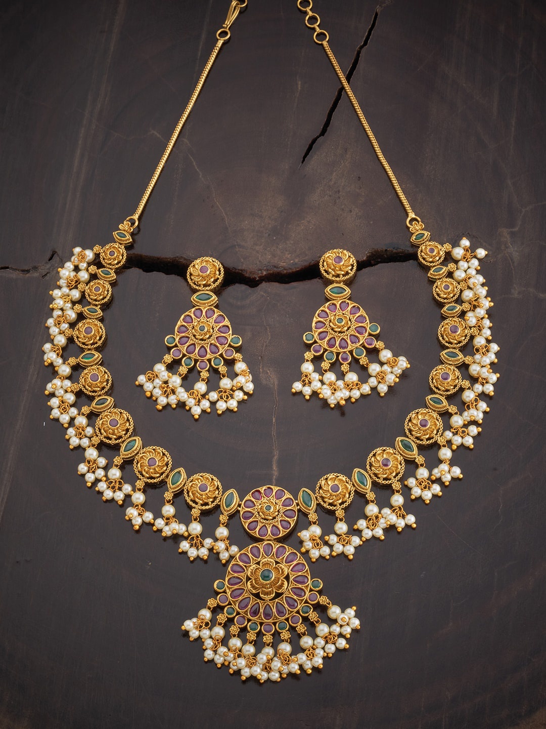 

Kushal's Fashion Jewellery Women Gold Plated Stone Studded & Beaded Antique Jewellery Set, White