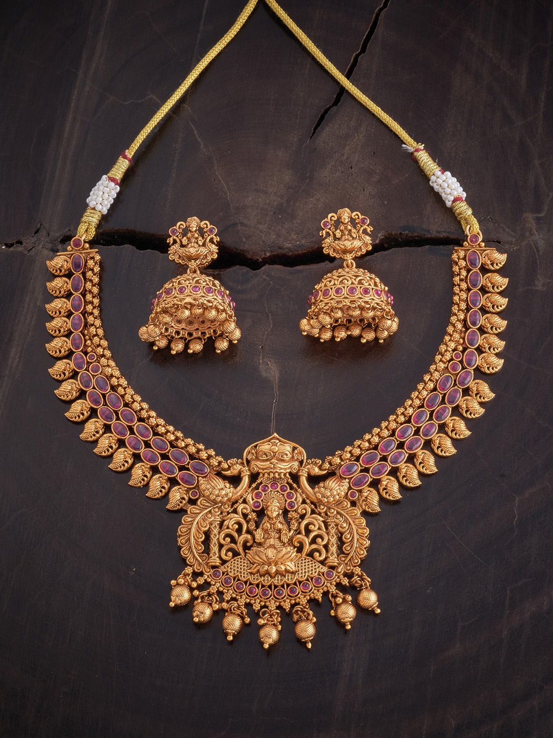 

Kushal's Fashion Jewellery Women Gold-Plated Stone-Studded Antique Jewellery Set, Pink
