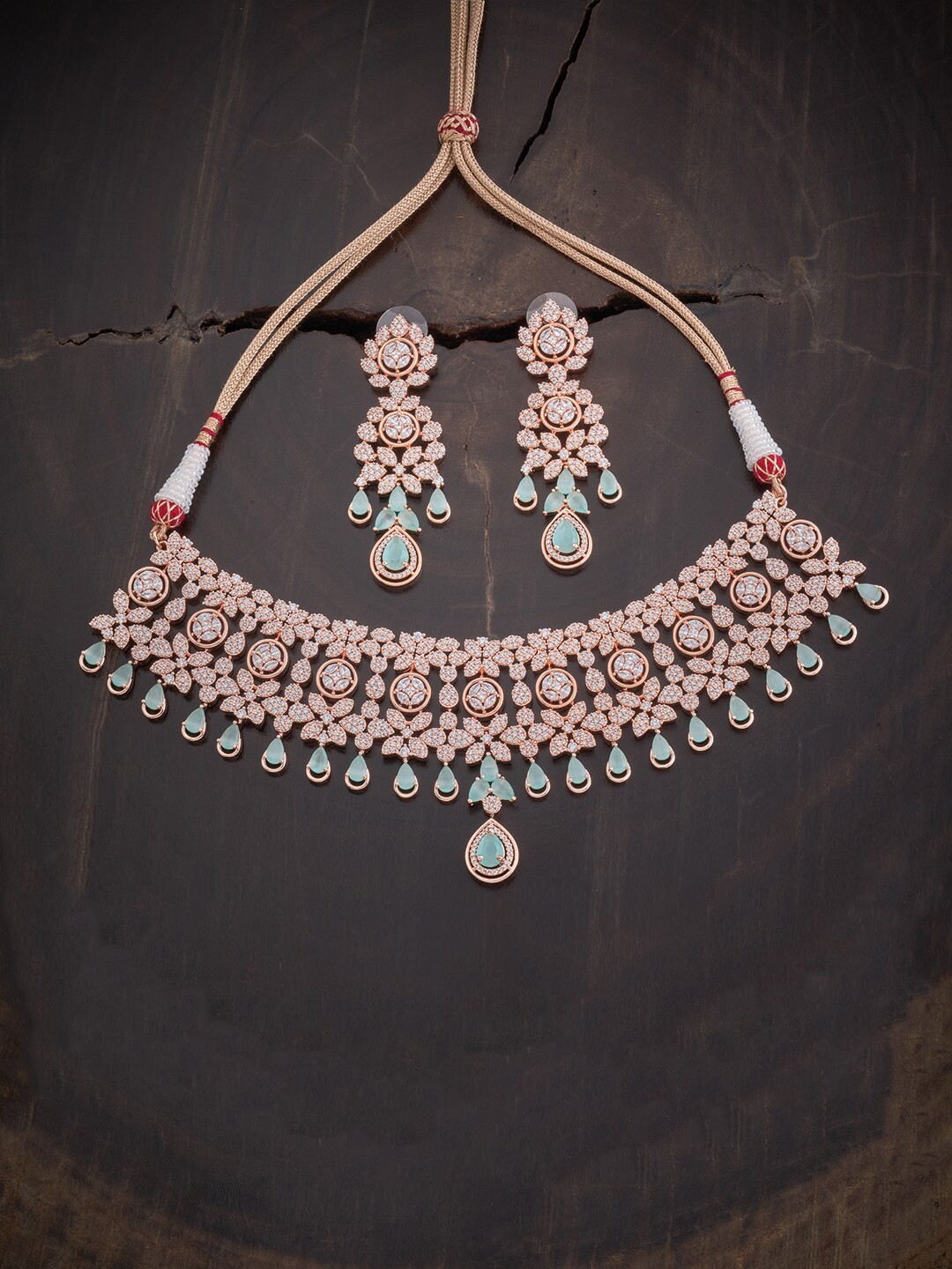 

Kushal's Fashion Jewellery Women Rose Gold-Plated CZ-Studded Necklace and Earrings, Sea green