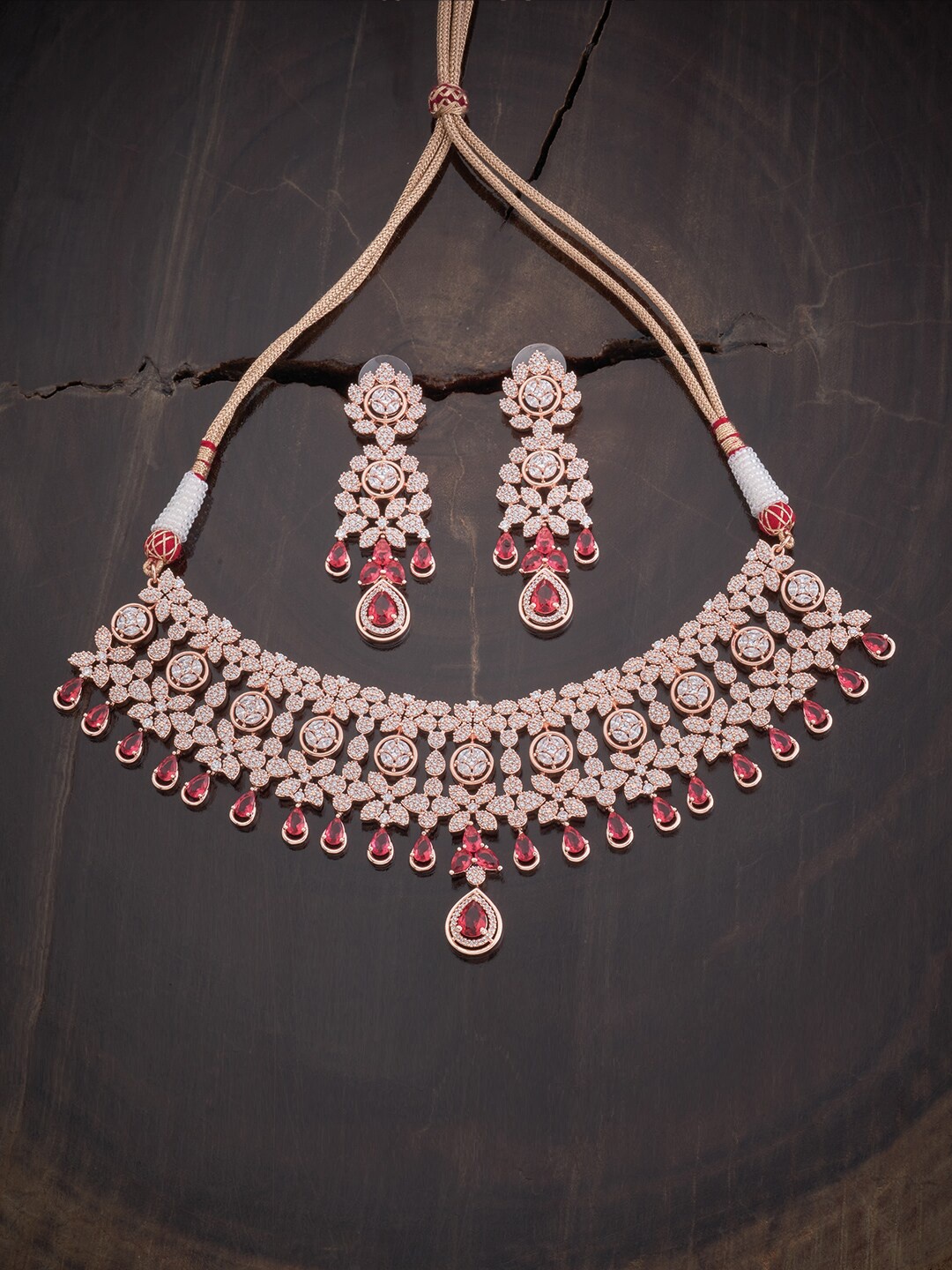 

Kushal's Fashion Jewellery Women Rose-Gold-Plated CZ-Studded & Beaded Jewellery Set, Pink