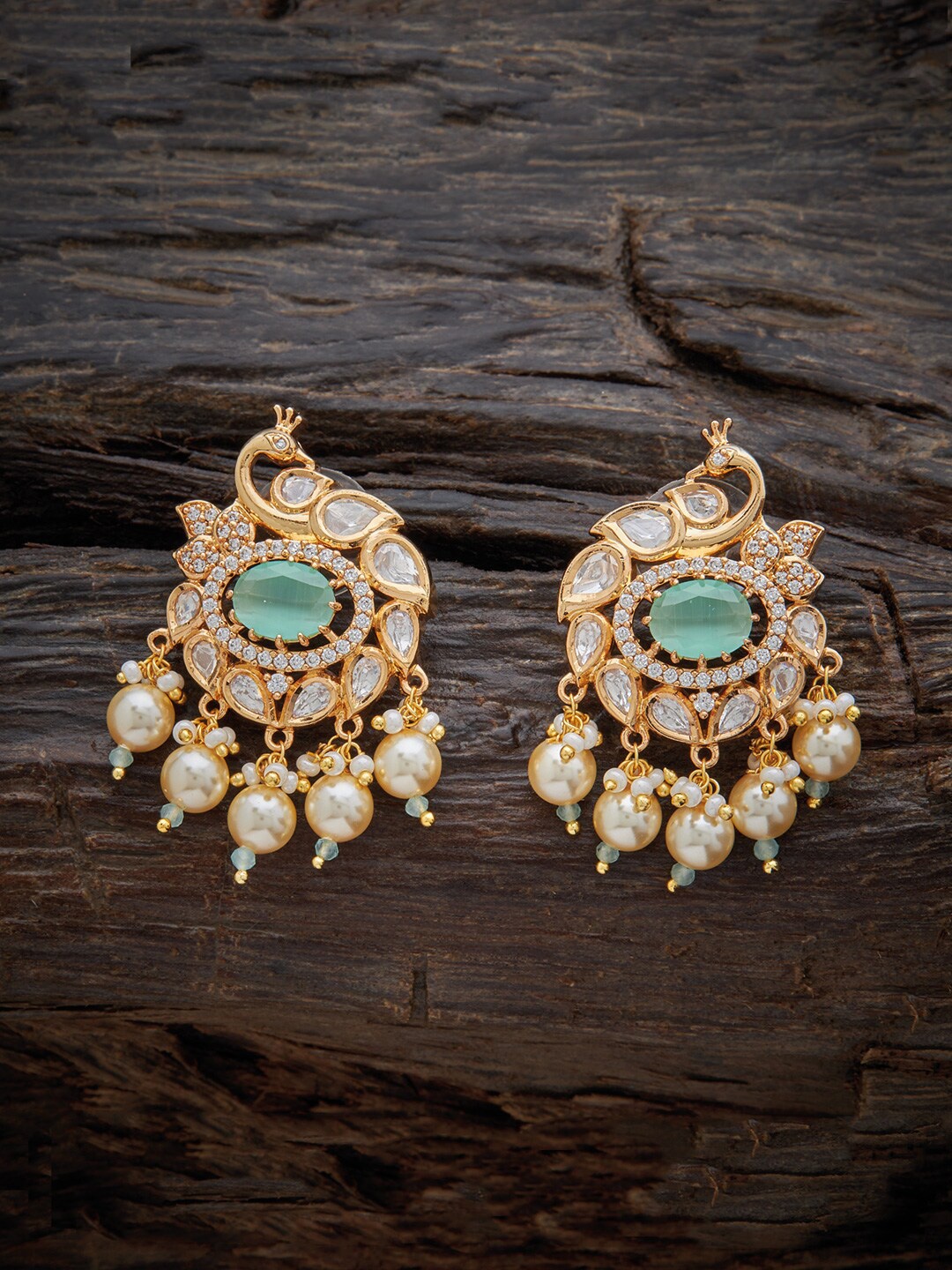 

Kushal's Fashion Jewellery Peacock Shaped Kundan Stones Studs Earrings, Sea green