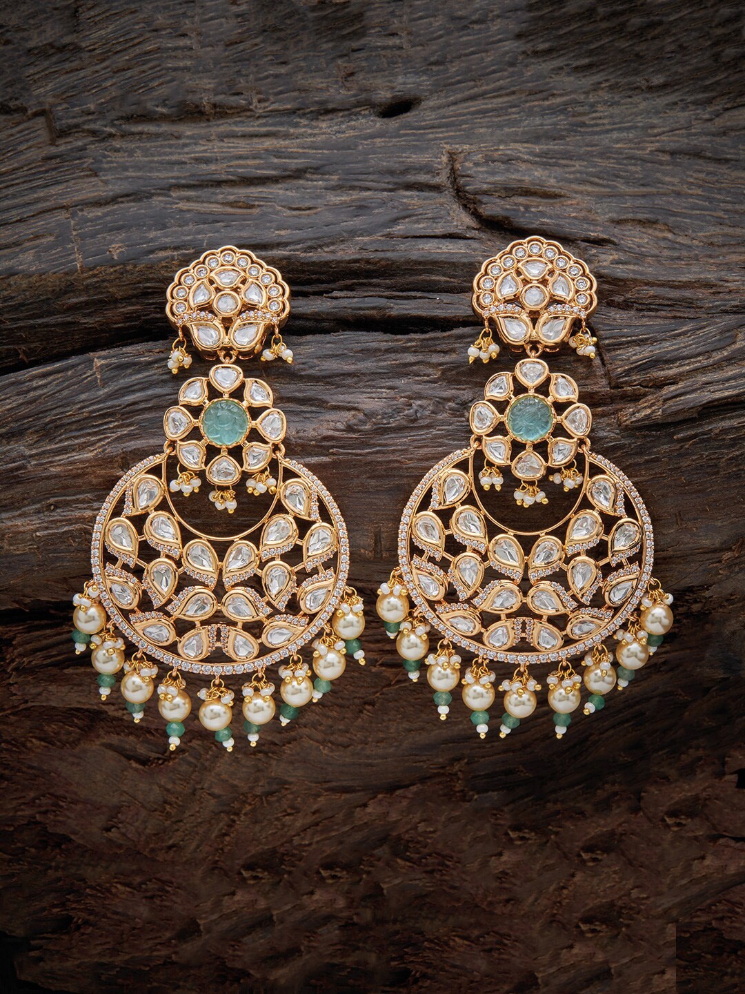 

Kushal's Fashion Jewellery Sea Green Crescent Shaped Gold-Plated Chandbalis Earrings