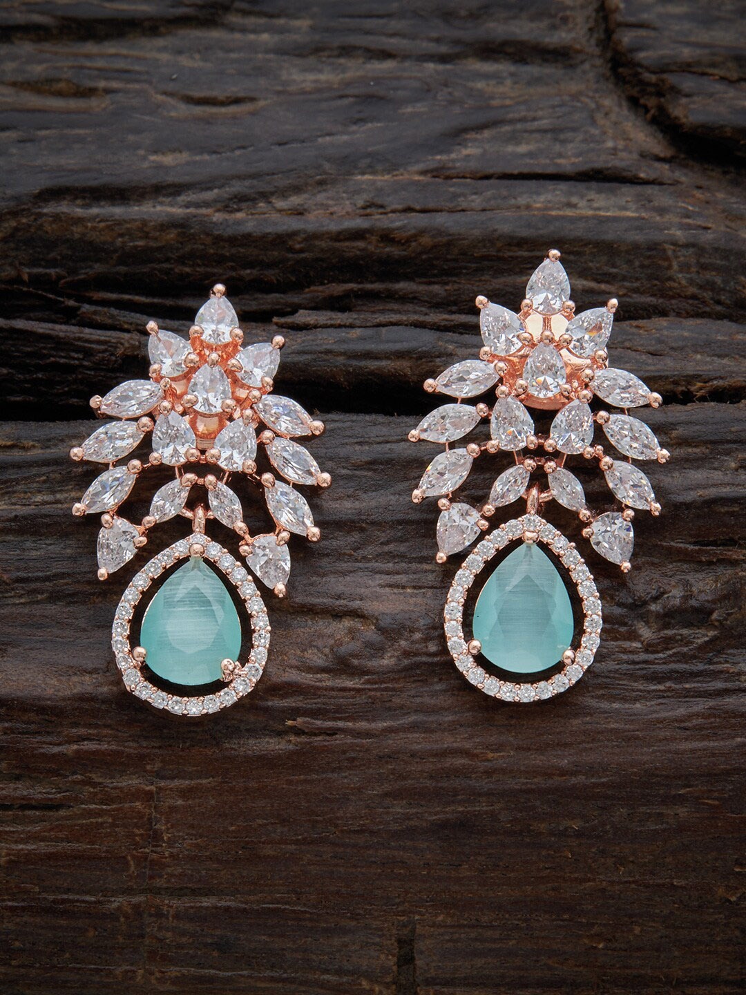 

Kushal's Fashion Jewellery Sea Green Floral Rose Gold-Plated Drop Earrings