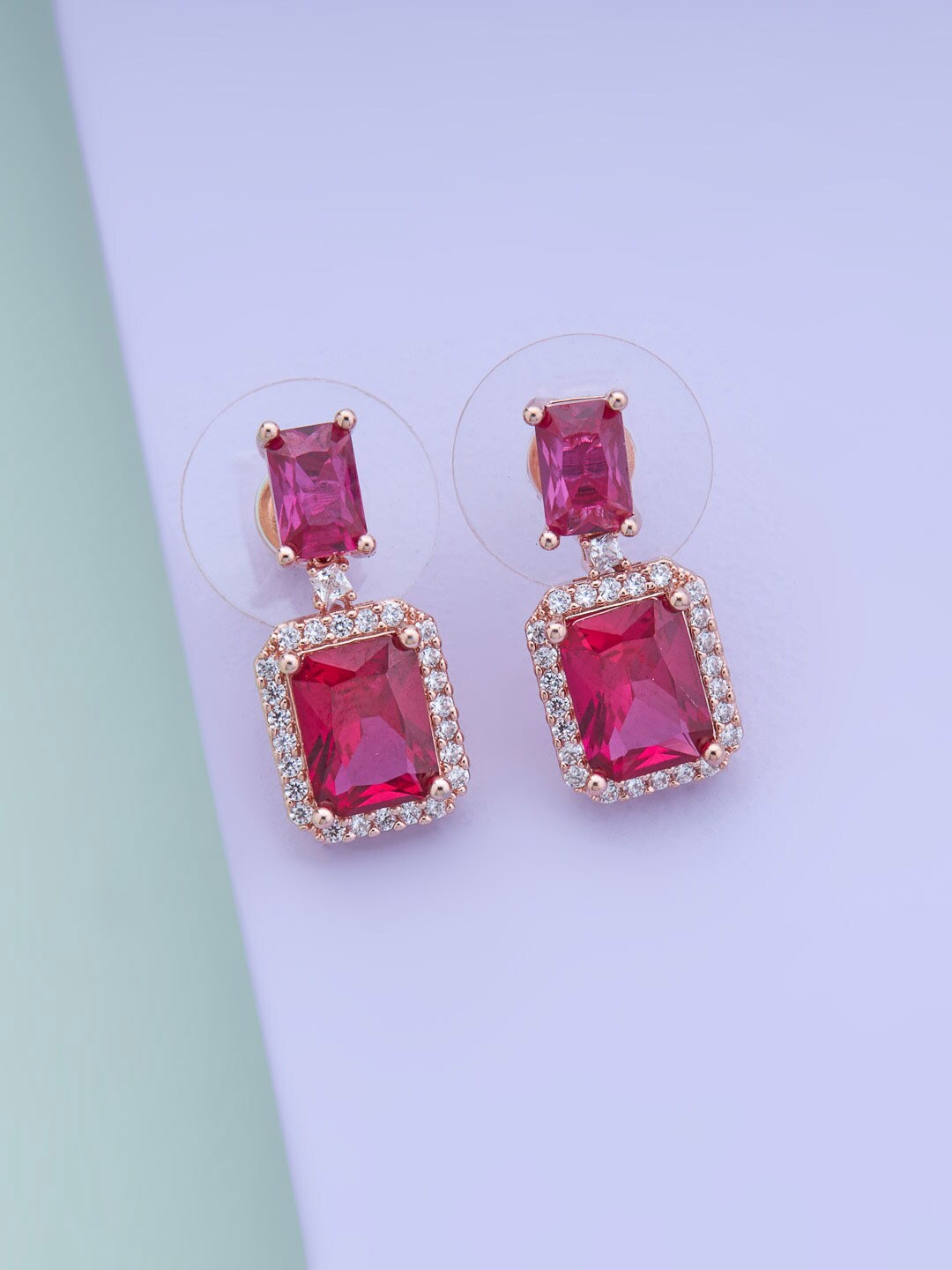 

Kushal's Fashion Jewellery Rose-Gold Polish Ruby Square Drop Earrings, Pink
