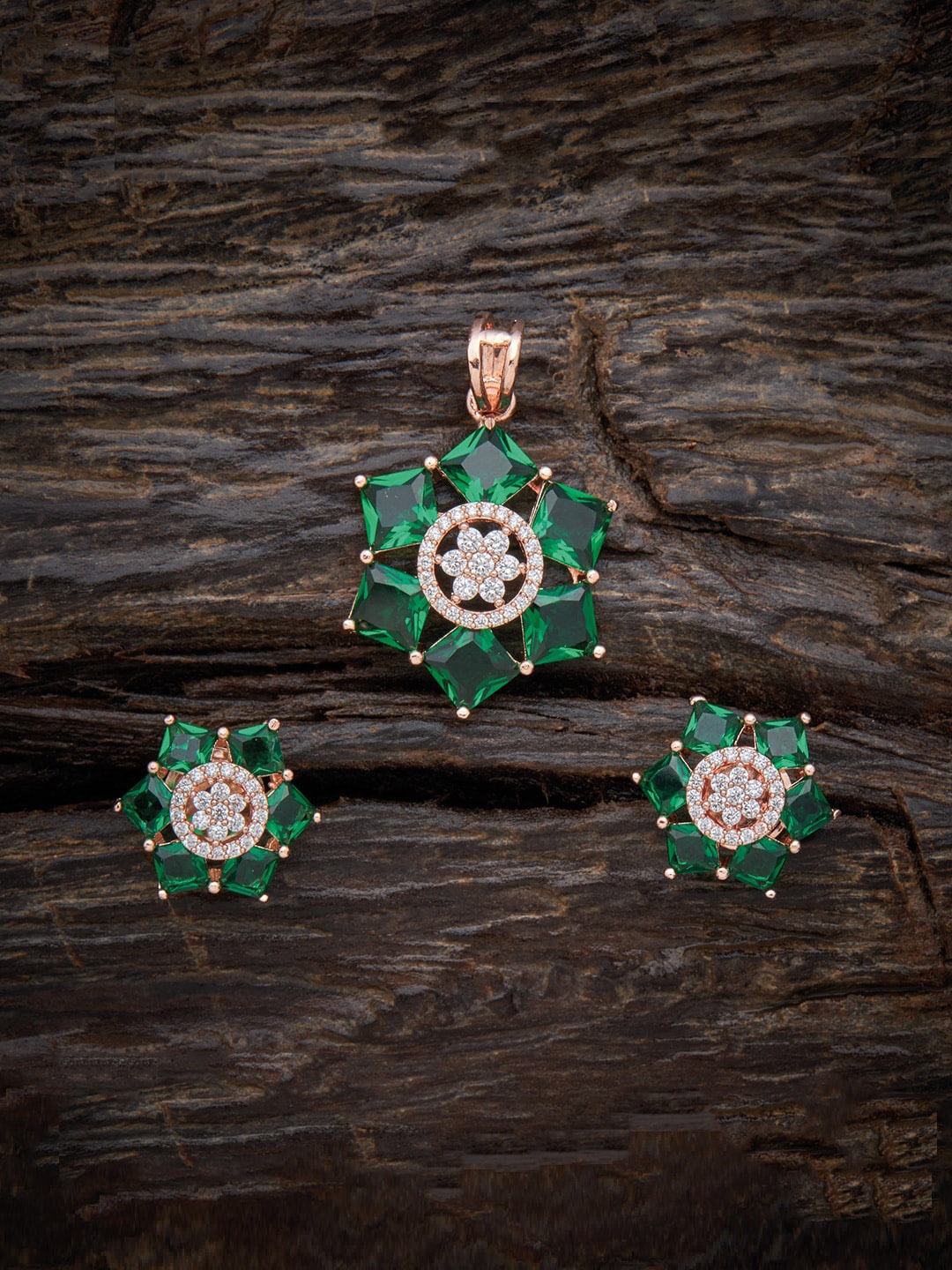 

Kushal's Fashion Jewellery Rose Gold-Plated CZ Studded Pendant With Earrings
