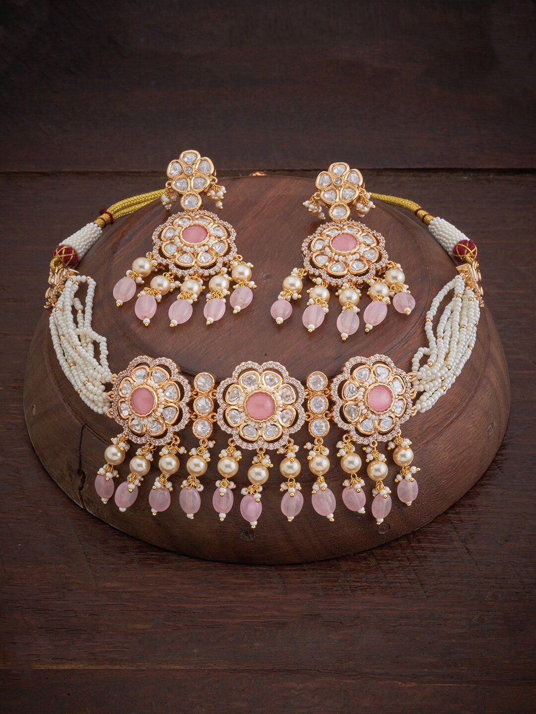

Kushal's Fashion Jewellery Women Gold-Plated Kundan Stone-Studded & Beaded Jewellery Set, Pink