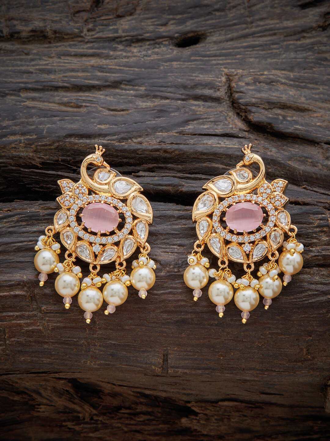 

Kushal's Fashion Jewellery Gold-Plated Peacock Shaped Kundan Drop Earrings