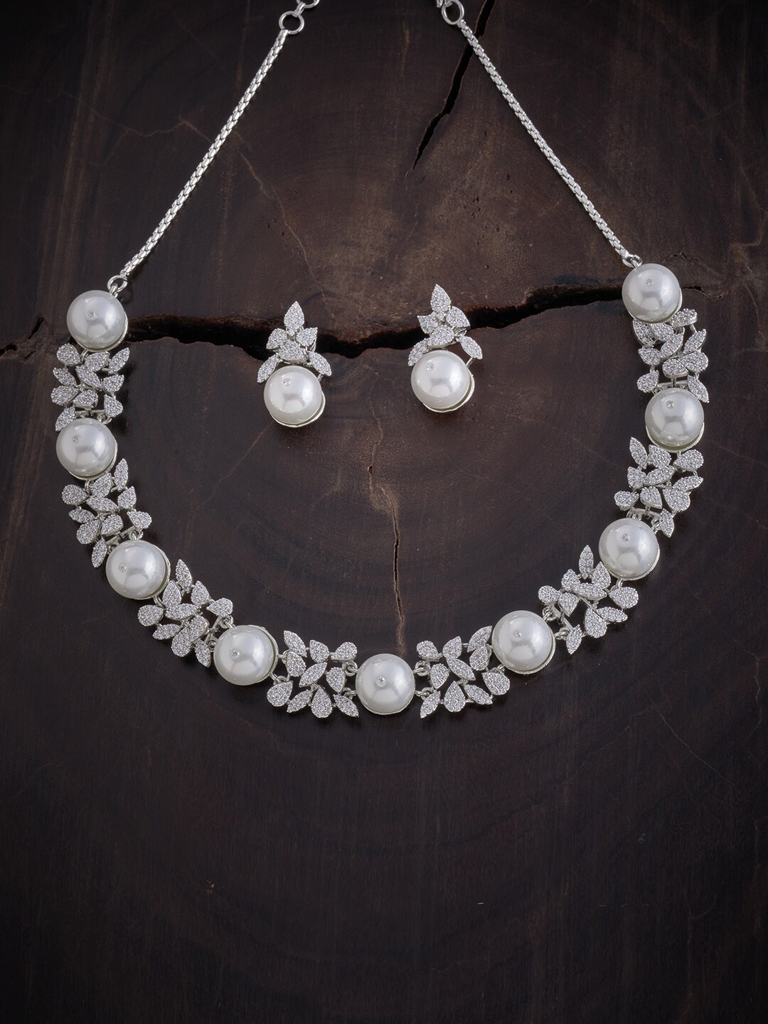 

Kushal's Fashion Jewellery Women Rhodium-Plated Sparkling CZ Studded Necklace and Earrings, White