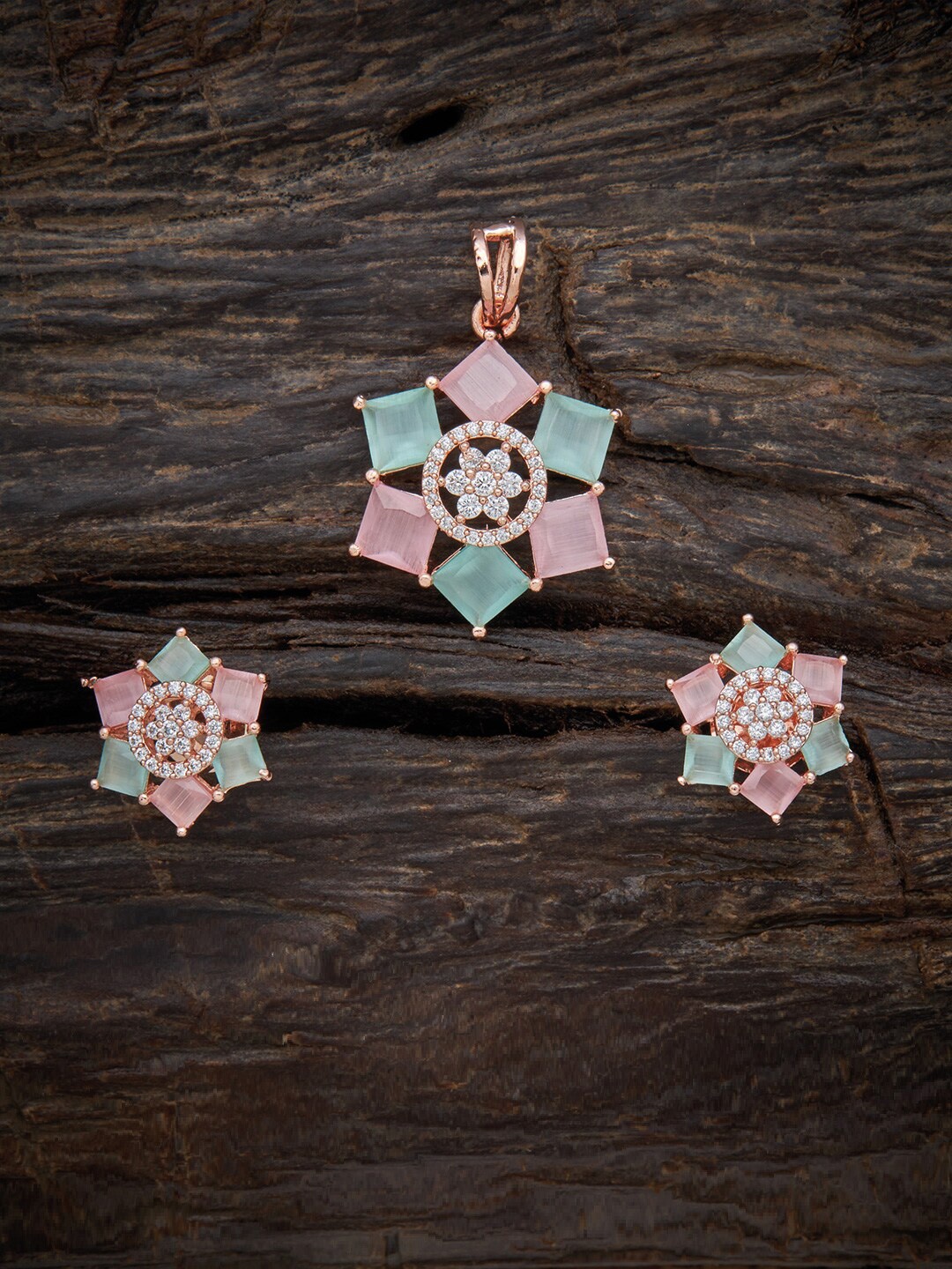 

Kushal's Fashion Jewellery Rose-Gold Plated Pink & Sea Green CZ Pendant & Earring