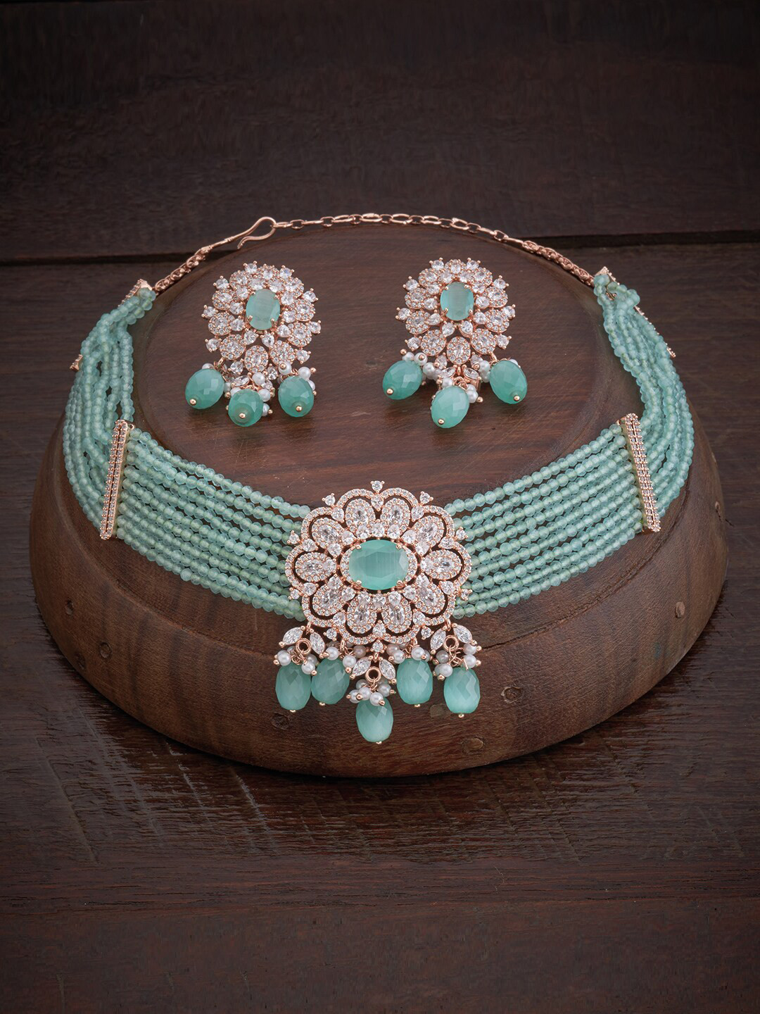 

Kushal's Fashion Jewellery Women Rose Gold-Plated CZ Studded & Beaded Jewellery Set, Sea green