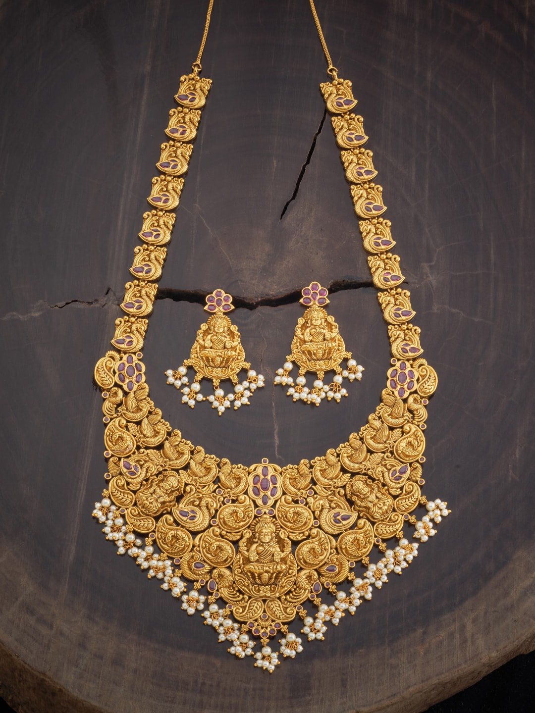 

Kushal's Fashion Jewellery Gold-Plated Stone-Studded Pearl Antique Necklace and Earrings, White