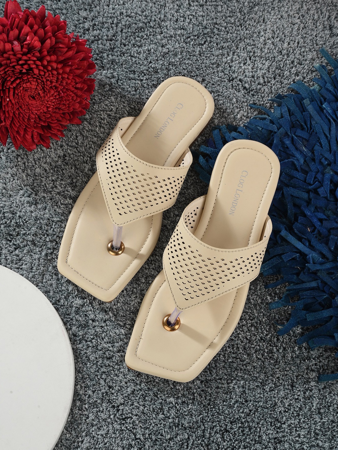 

CLOG LONDON Women Open Toe Flats with Laser Cuts, Beige