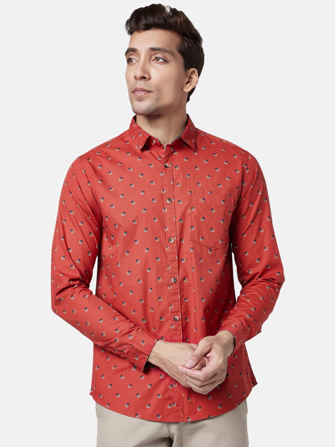 

BYFORD by Pantaloons Men Slim Fit Printed Cotton Casual Shirt, Red