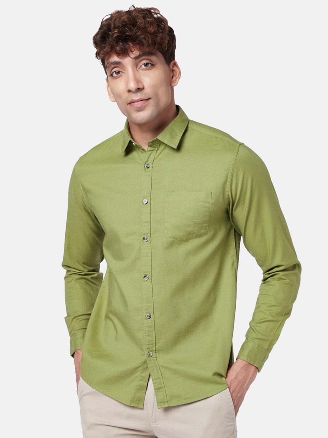 

BYFORD by Pantaloons Men Slim Fit Cotton Casual Shirt, Olive