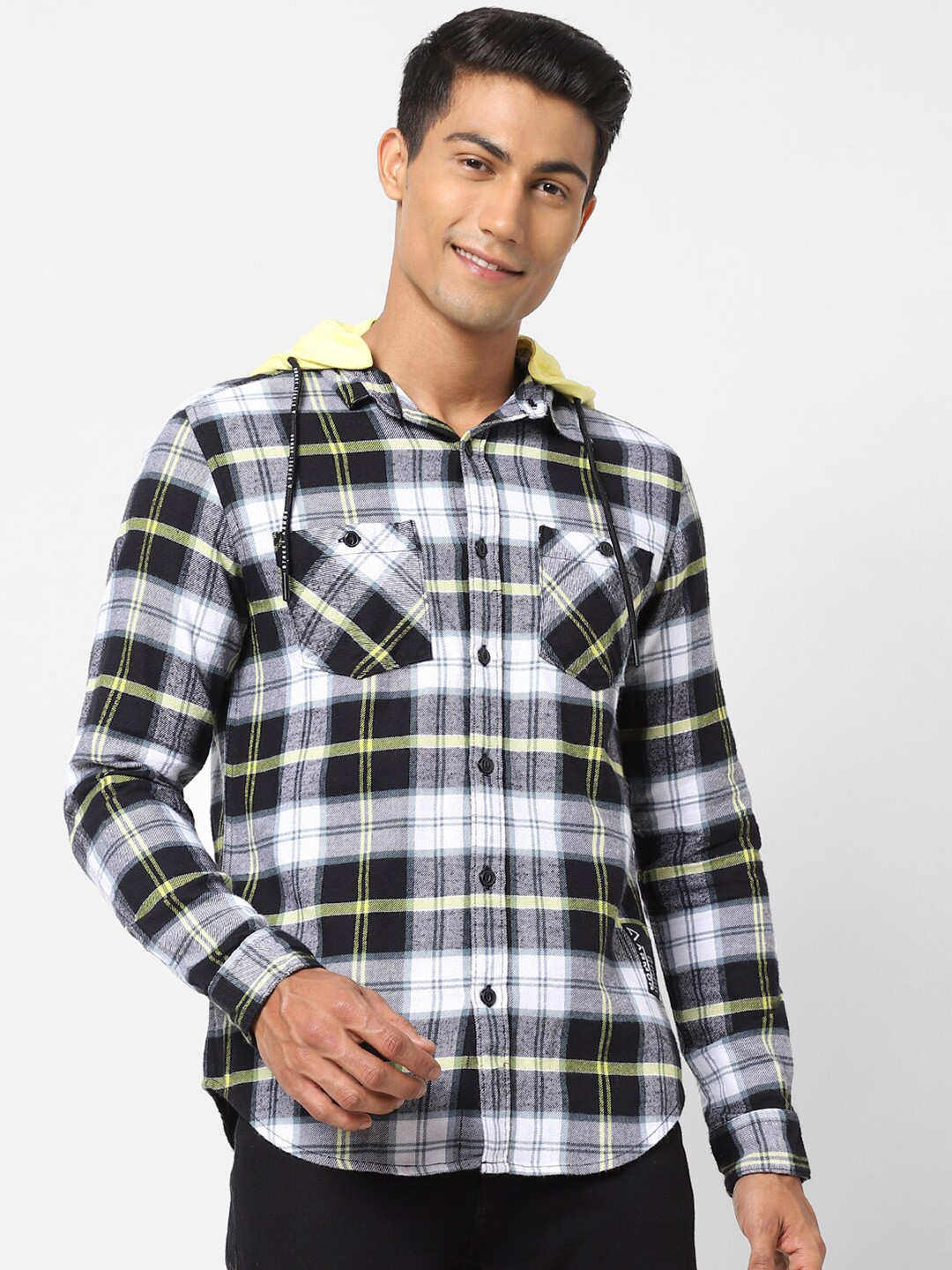 

Street Armor by Pantaloons Men Tartan Checks Checked Hooded Cotton Casual Shirt, Green