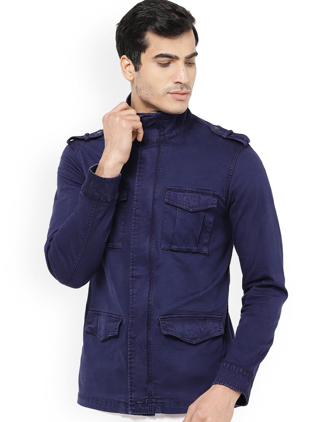 

STROP Men Longline Cotton Denim Jacket, Navy blue