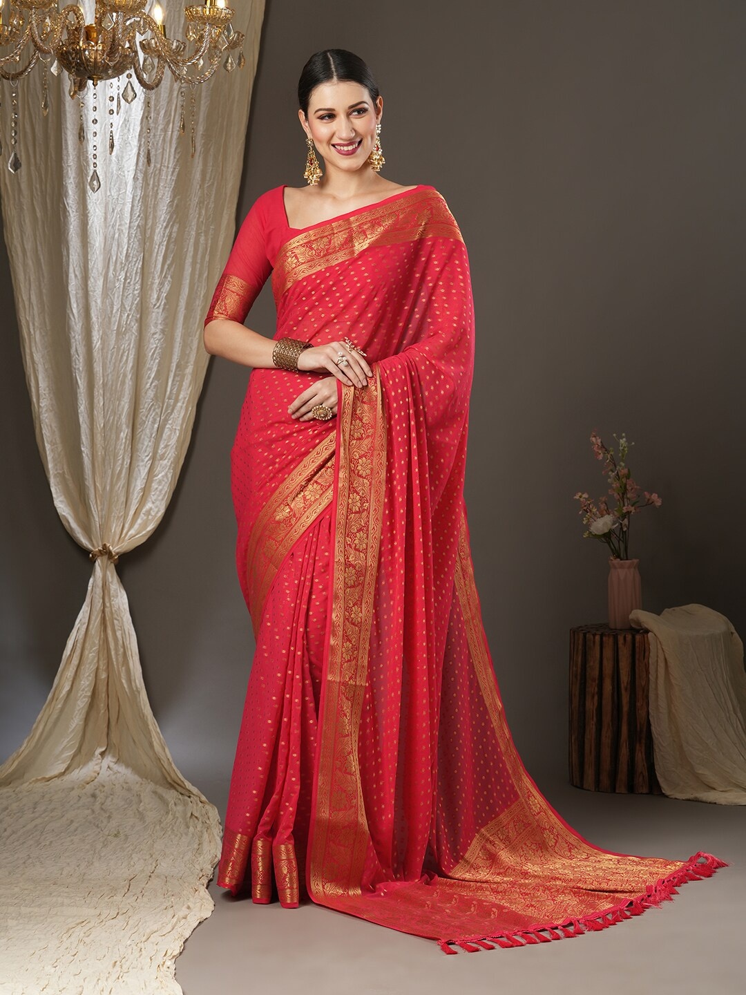 

Mitera Ethnic Motifs Zari Pure Georgette Kanjeevaram Saree, Red