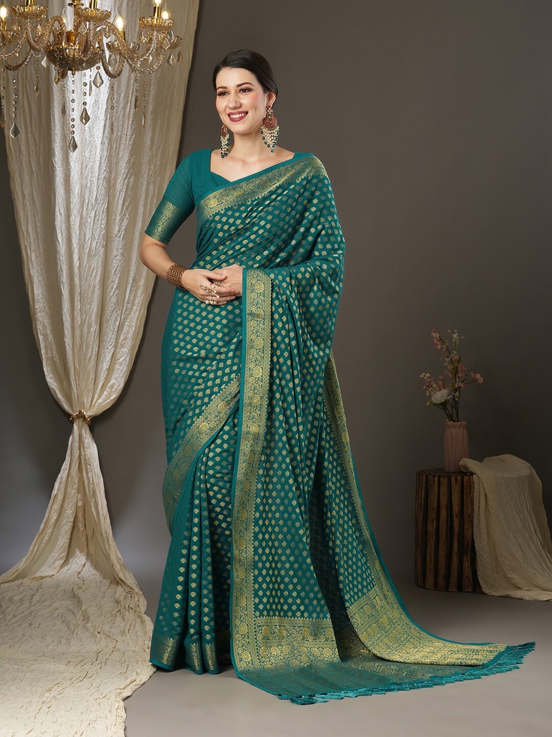 

Mitera Woven Design Zari Poly Georgette Kanjeevaram Saree, Teal