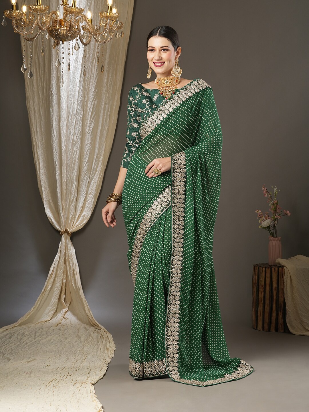 

Mitera Embroidered Poly Georgette Bandhani Saree, Green