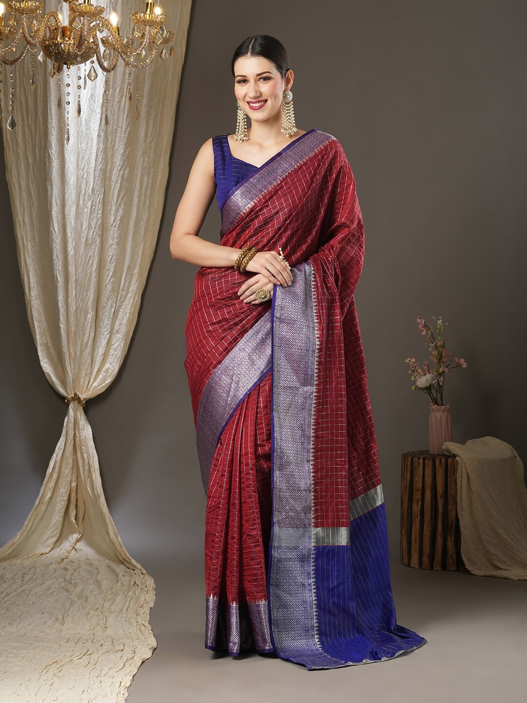 

Mitera Checked Zari Silk Blend Taant Saree, Rust