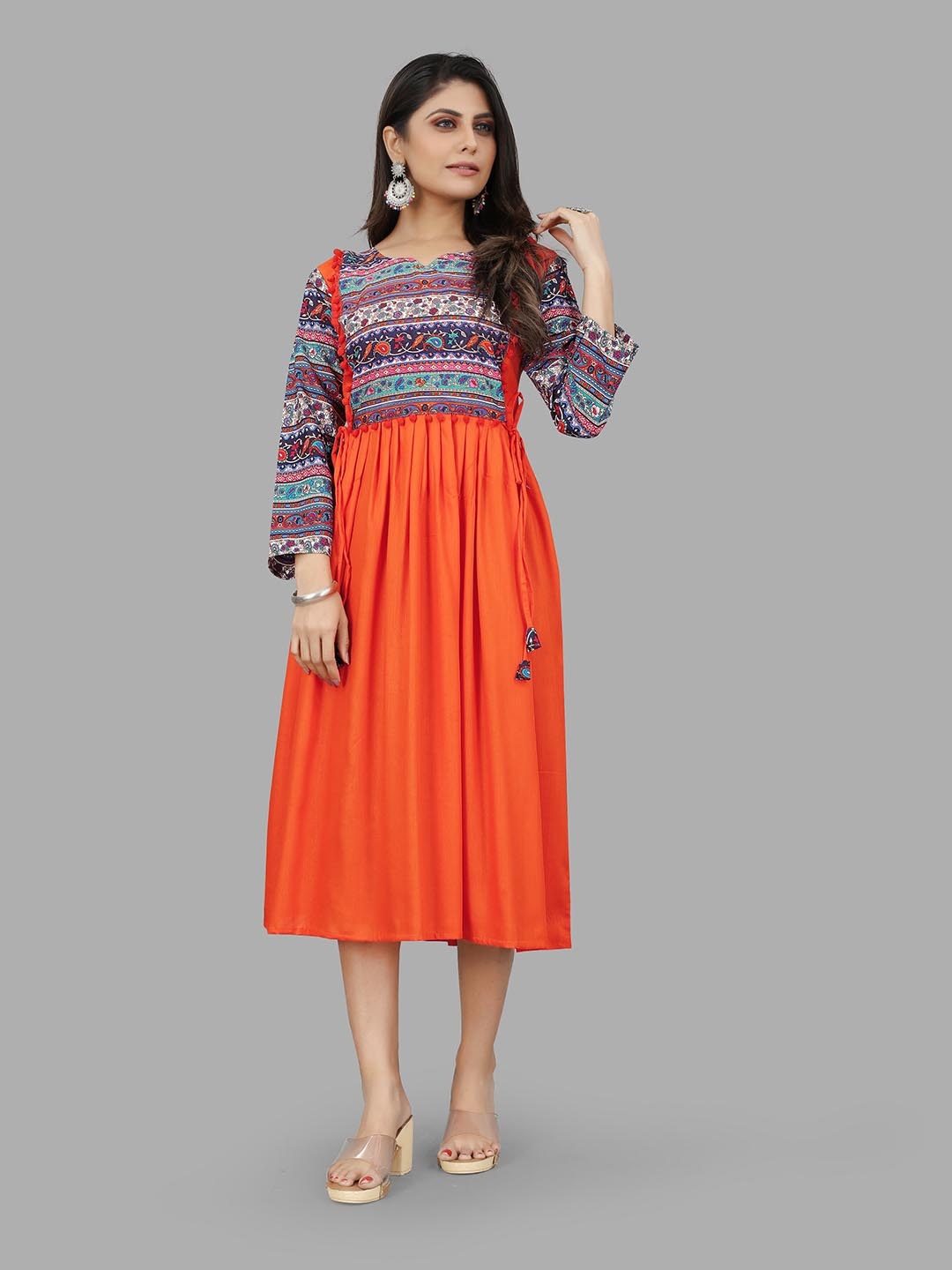

Fashion FRICKS Ethnic Motifs A-Line Midi Dress, Orange