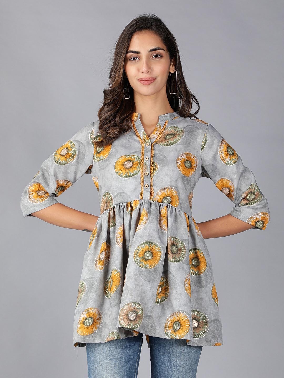 Cot'N Soft Mandarin Collar Printed Cotton Tunic, Grey
