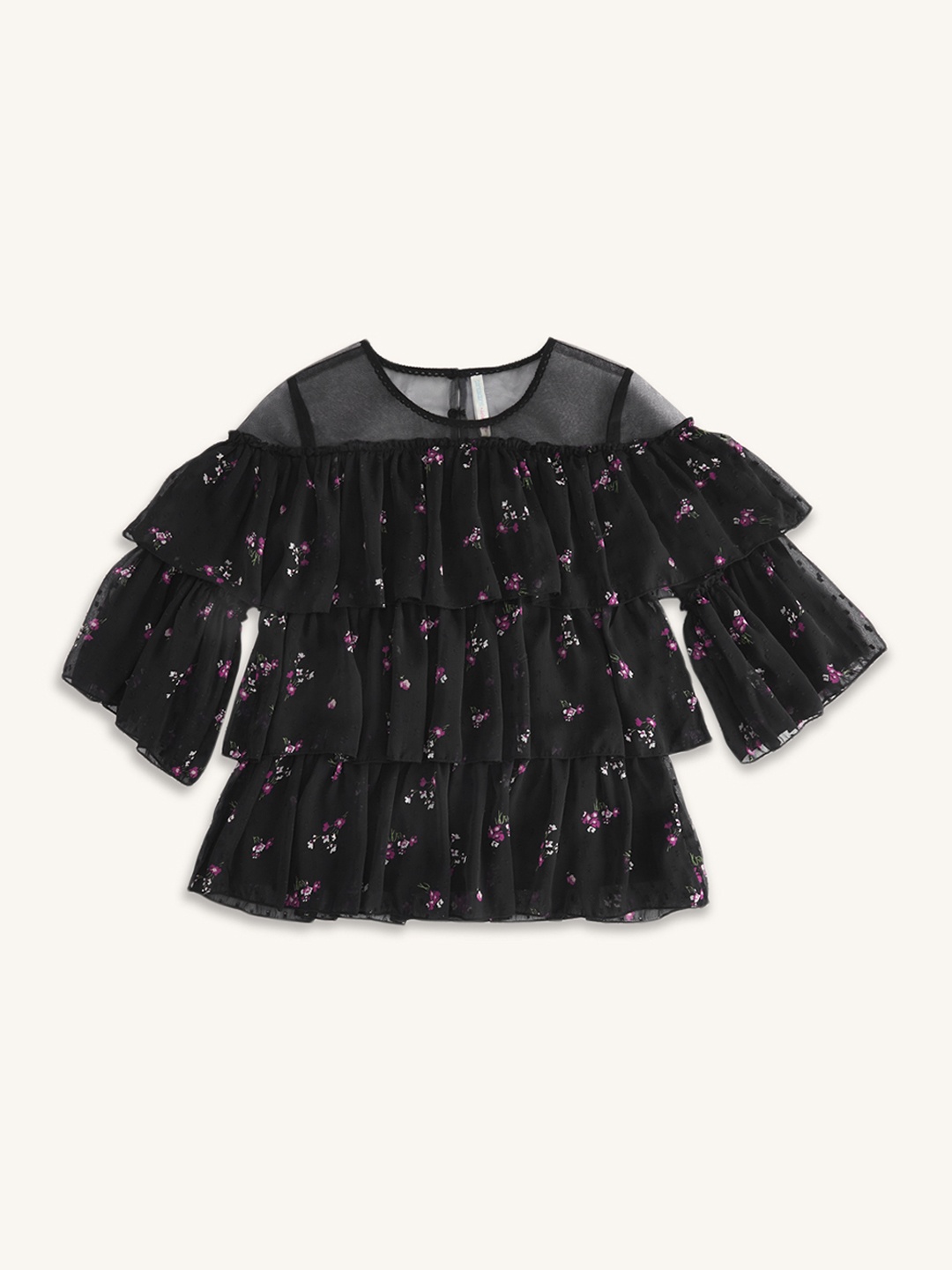 

Pantaloons Junior Girls Floral Print Ruffles Top, Black