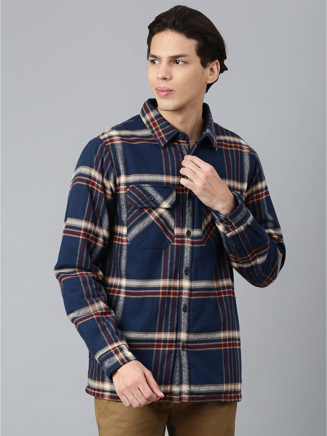 

Woodland Men Navy Blue Tartan Checks Checked Cotton Casual Shirt