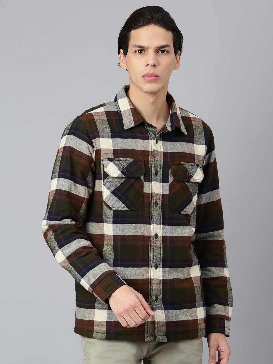 

Woodland Men Olive Green Checked Cotton Casual Shirt