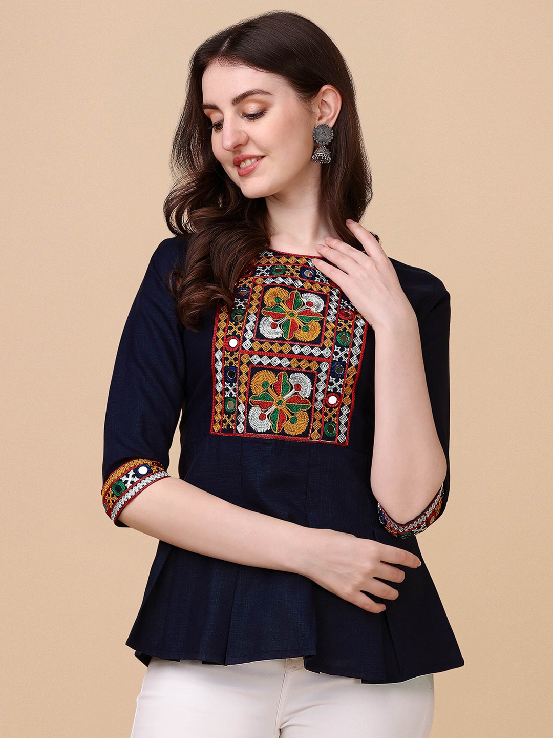 

Paralians Embroidered Peplum Top, Navy blue