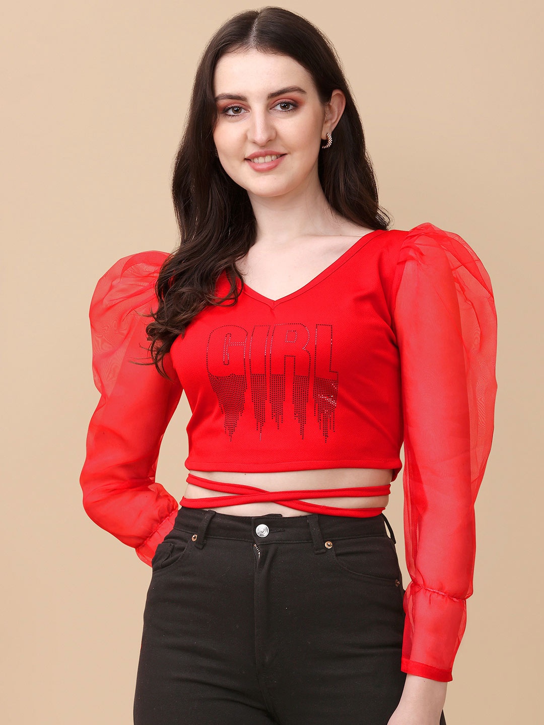 

Paralians Print Crepe Crop Top, Red