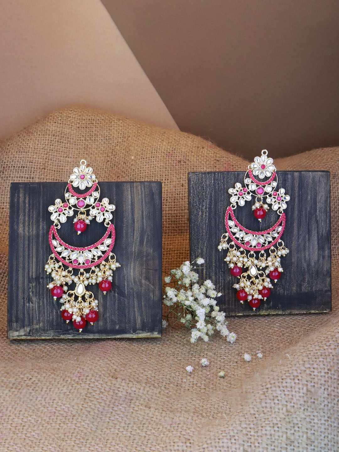 

I Jewels Crescent Shaped Chandbalis Earrings, Pink