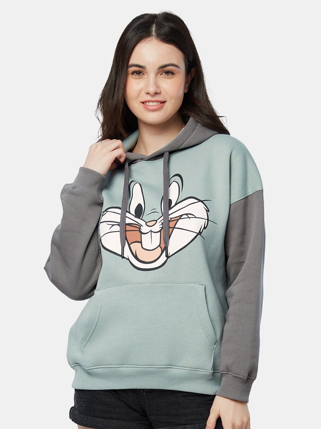 

The Souled Store Women Grey Cotton Printed Hooded Oversized Sweatshirt