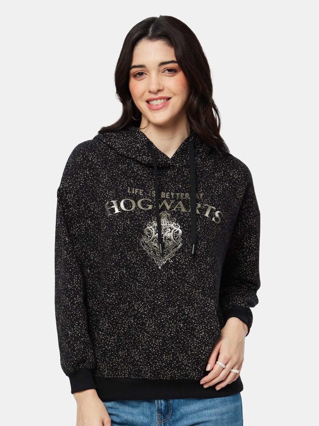 

The Souled Store Women Black Cotton Printed Hooded Oversized Sweatshirt